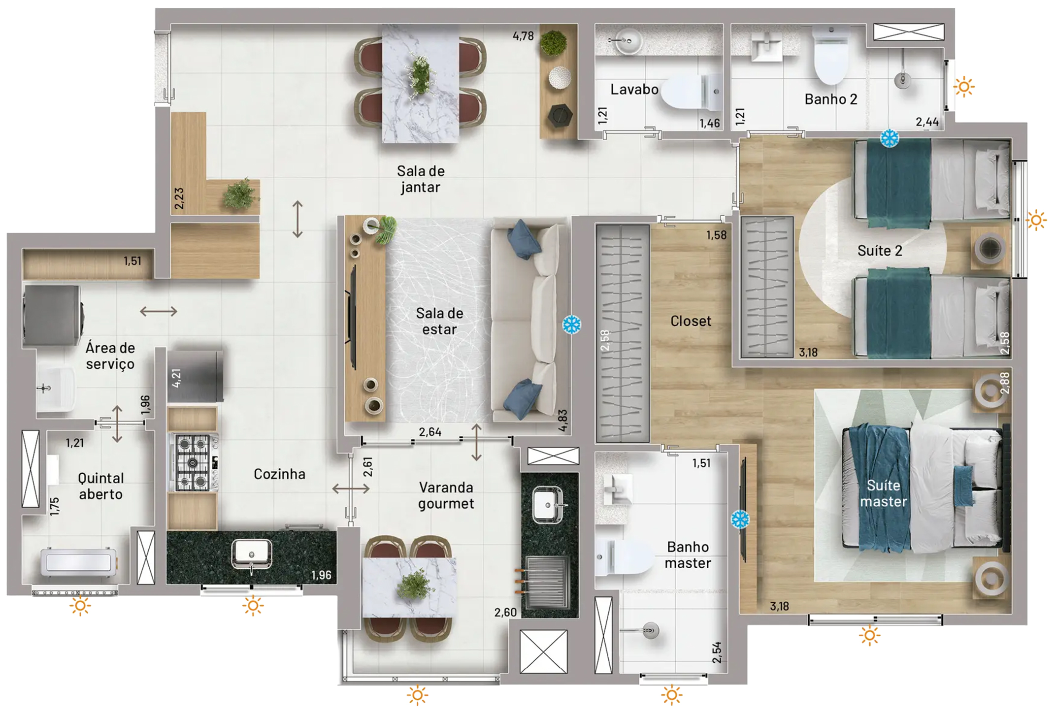Planta do apartamento de 86m²